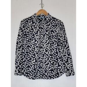 Talbots Women's Button Front Navy Blue White Elephant Long Sleeve Shirt size Mp